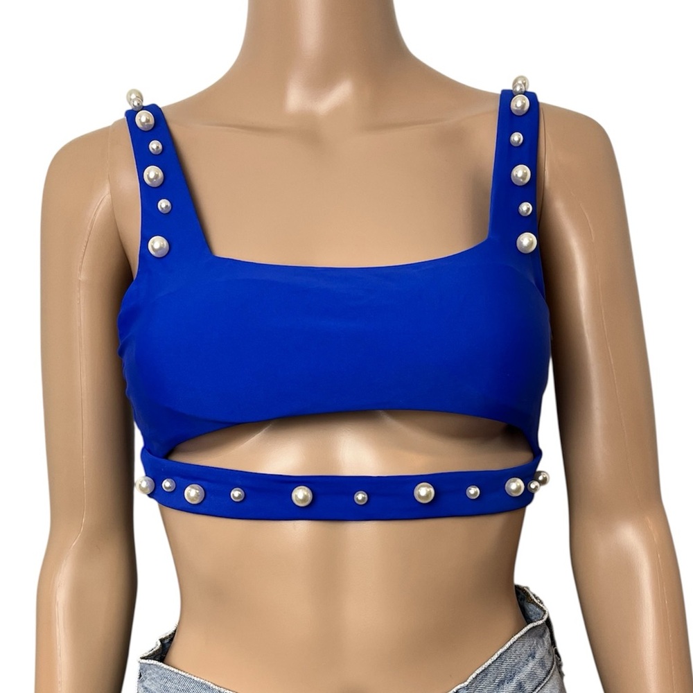 Bahimi Marilyn's Pearl Embellished Blue Padded Bralette Top